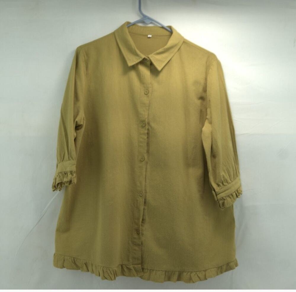 Women’s 2XL mustard button down ruffle on sleeve and bottom.